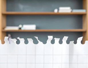Torn notepad paper in front of a blurry wooden shelf with books and a chalkboard background for educational or office use.