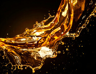 Dynamic splash of amber liquid against a dark background, illustrating motion and energy in the context of drinks and refreshment.