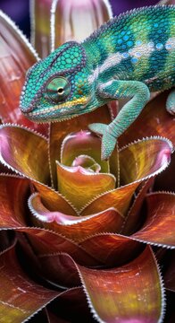 Colorful chameleon on flower petals closeup.