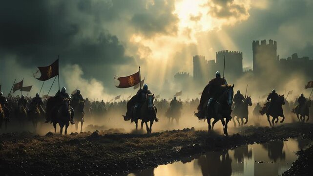 European horsemen move across muddy fields under cloudy skies