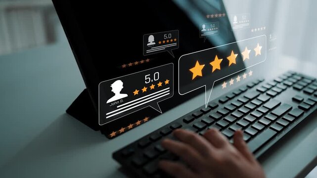 Customer centric review and rating system support product review, digital rating concept, and customer give good trust by visualizing people choice through stars and feedback content technology Marrow