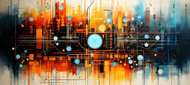 An abstract glitch art composition depicting a mandala of Eurorack synth cables and circuit boards