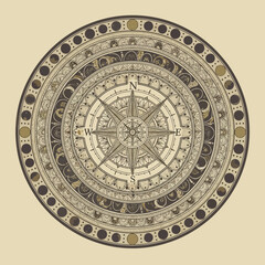 Vintage Compass Rose Mandala with Moon Phases