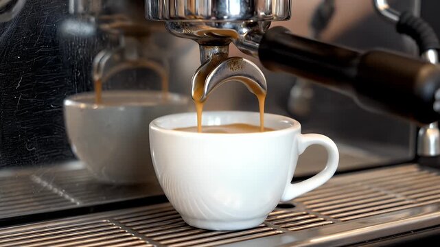 Espresso Machine Pouring Coffee into White Mug Close Up View on Metallic Background for Coffee Shop