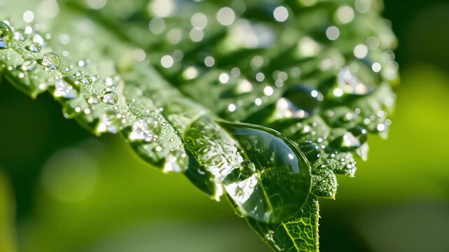 Macro extreme close up of morning dew drops on fresh green leaf surface with visible veins