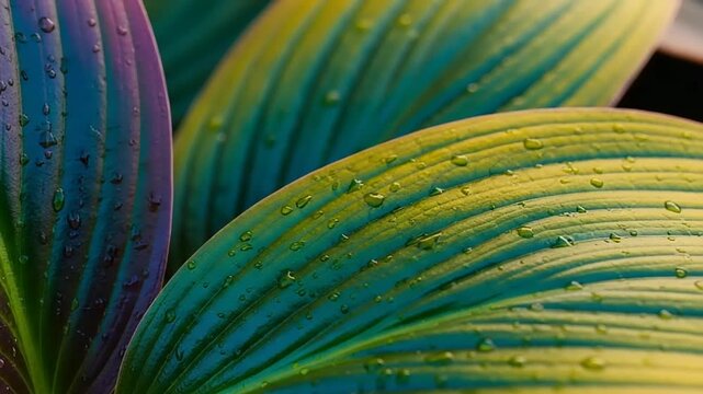 Rainy Day Hostas Leaves Closeup Macro View.