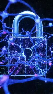 Futuristic Neon Padlock Locked in Electric Web Symbolizing Cybersecurity and Data Protection.