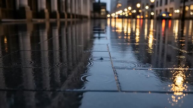 Rainy Night City Street Reflections on Wet Pavement.