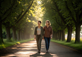 Fototapeta premium Two young women walk down a sunlit path lined with lush green trees, enjoying a peaceful moment in the golden morning light of a park. Generative AI