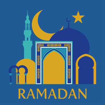 Ilustraci&oacute;n vectorial isl&aacute;mica de Ramad&aacute;n Kareem con Mezquita, puertas y luna creciente