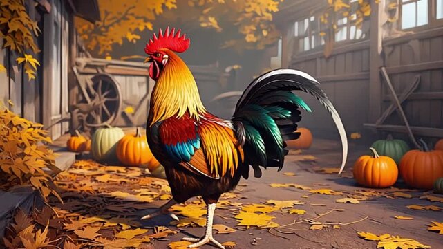 Vibrant rooster standing proudly among pumpkins and autumn leaves in rustic farm setting