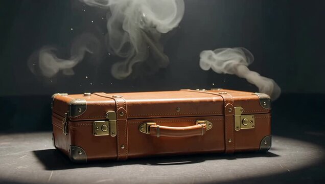A vintage brown suitcase emits mysterious smoke in a dimly lit room, creating an eerie and intriguing atmosphere.