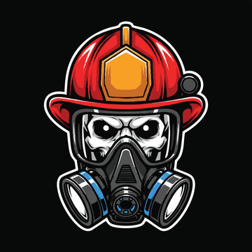 A cartoon character wearing a red firefighter helmet and a black gas mask with a white outline on a solid black background.