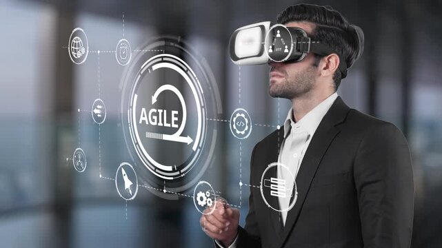 A professional man engages with a virtual reality headset in a modern office, exploring digital elements representing Agile methodology and innovative business strategies. Raster