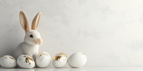 Obraz premium Luxury golden Easter bunny with white and gold speckled eggs on clean background, elegant holiday branding concept.