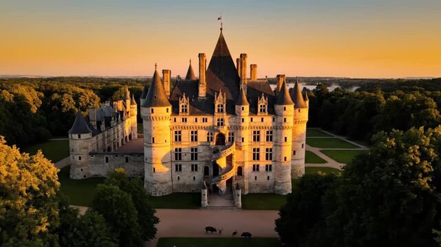 Chateau de azay le rideau at sunrise, a picturesque french castle in loire valley france historic architecture