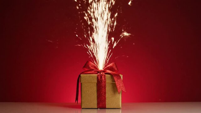 Exploding Gift Box with Sparklers and Red Bow, Surprise Celebration