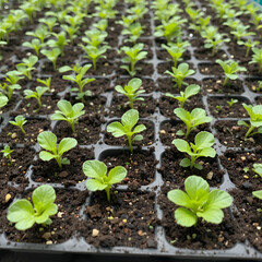 Small seedlings of lettuce in cultivation tray