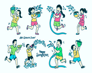 Naklejka premium Happy Songkran Water Festival Celebration with Kids