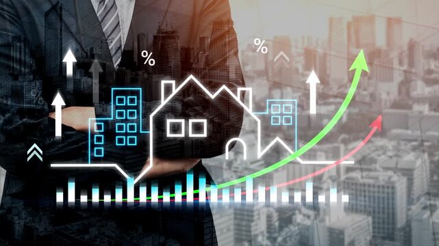 Businessman in Suit Overlooking Modern City with Real Estate Growth Visualization and Graphs Showing Market Trends and Financial Data Analysis Gluon.