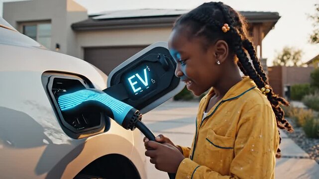 Happy Black Girl Charging Electric Car at Home, Sustainable Future, EV Technology