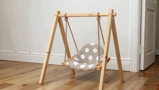A wooden baby swing with a polka dot cushion stands on a wooden floor in a room.