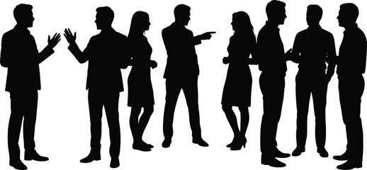 Business people silhouette group having discussion and debate, professional teamwork communication concept, corporate meeting scene, black vector illustration isolated on white background