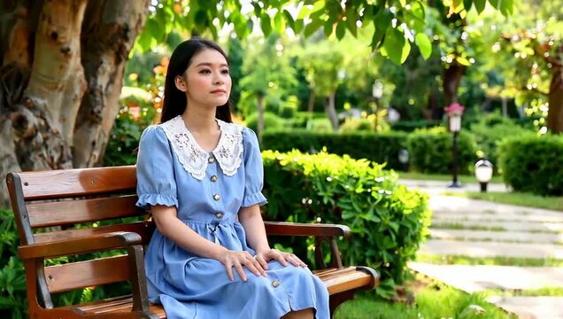 A young Asian woman in a blue dress sits on a park bench, looking around thoughtfully.