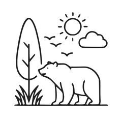 Fototapeta premium Wild bear in forest landscape outline line art icon design