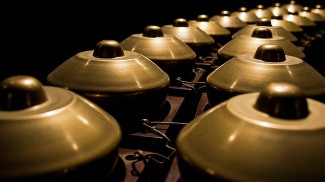 Traditional Indonesian Gamelan Musical Instruments in a Dark Setting.