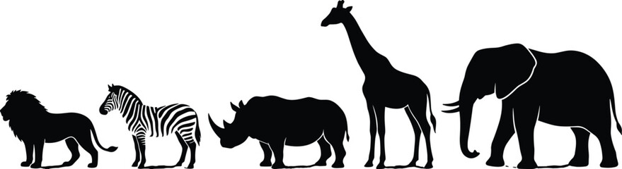 African safari animal silhouette vector set featuring lion zebra rhinoceros giraffe and elephant, wildlife mammal collection isolated on white background © MstFatema