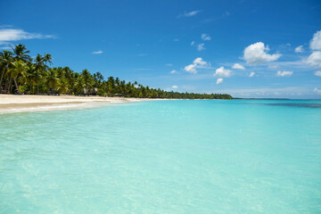 A beautiful tropical beach with white sand against the backdrop of the azure ocean.