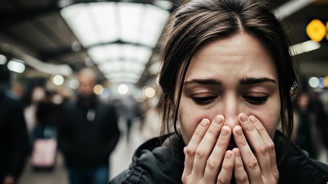 Close-up of a woman with a distressed expression in a busy urban environment.