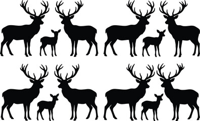 Deer family silhouette vector set showing stag doe and fawn in multiple poses, wildlife animal collection, black forest mammal illustrations isolated on white background