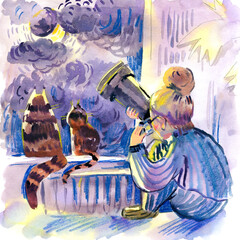 Illustration of Girl Observing Stars with Telescope