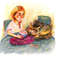 Girl Feeding Cat at Table Illustration