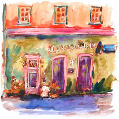 Watercolor Illustration of a Cafe Facade