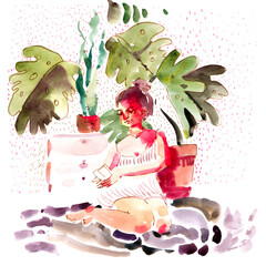 Woman Reading Among Houseplants
