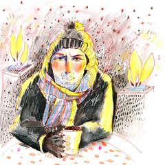 Man Holding Hot Drink in Cold Weather