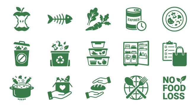 Food Waste Reduction Icon Set &ndash; Zero Waste, Expiration Date, Leftovers, Recycling, Donation, Storage