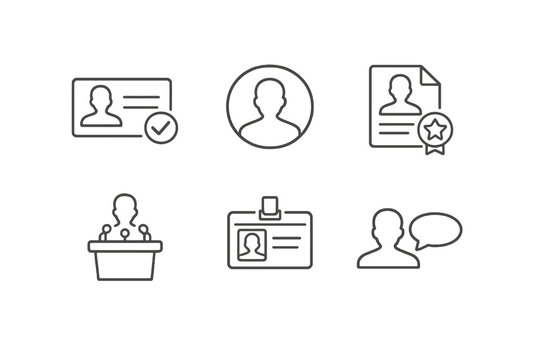 Candidate profile line icon set with clean editable stroke. Election, nominee and public representative symbols for voting platforms and civic dashboards.