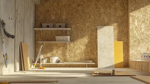 Unfinished Room with Shelves and Sunlight.