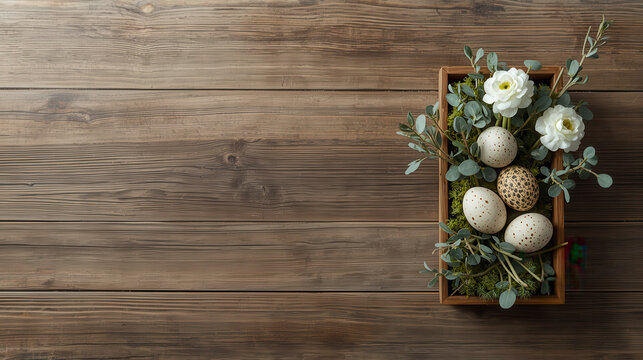 Composizione pasquale con uova decorate e fiori bianchi in scatola di legno su sfondo rustico. Generative AI