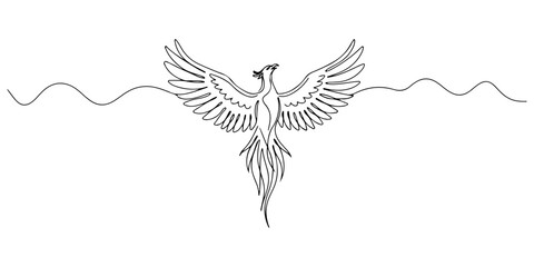 Obraz premium Continuous one line of a phoenix rising with spread wings, drawn illustration.