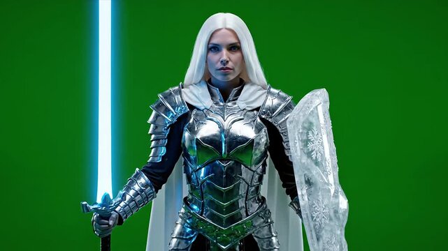 Noble Frost Valkyrie with Glowing Energy Sword Walking on Green Screen
