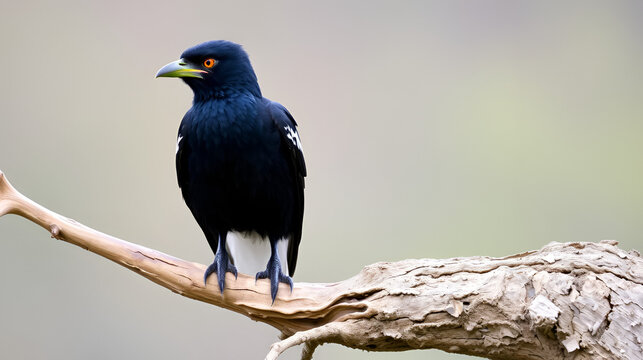 An Asian koel, a glossy black bird with a stout greenish bill and striking crimson eyes, perched on a dead tree branch.