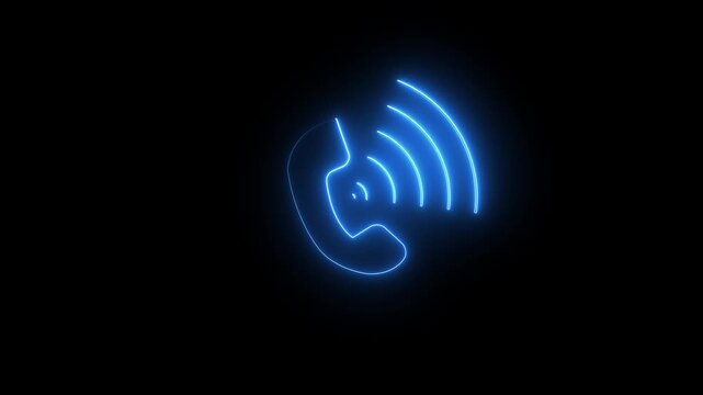 neon White telephone handset icon with sound waves on black background symbol communication.Calling icon concept ,simple telephone handset and radio wave animated icon. White radio waves animation