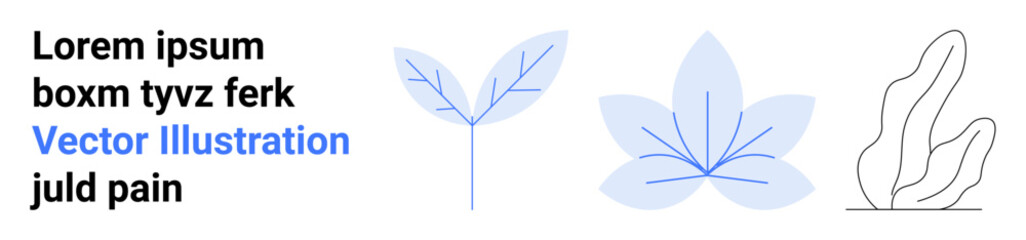 Nature design, graphic projects, modern decor, botanical , branding, educational material. Abstract leaf and plant designs in light blue and black. Nature design and graphic projects concept