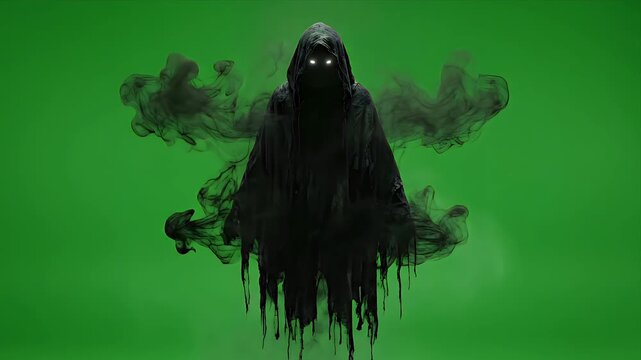 Cinematic Dark Fantasy Entity with Glowing Eyes and Flowing Robes - 8K Chroma Key

