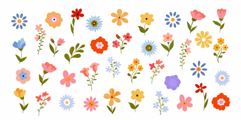 A colorful collection of whimsical illustrated wildflowers and blooming petals